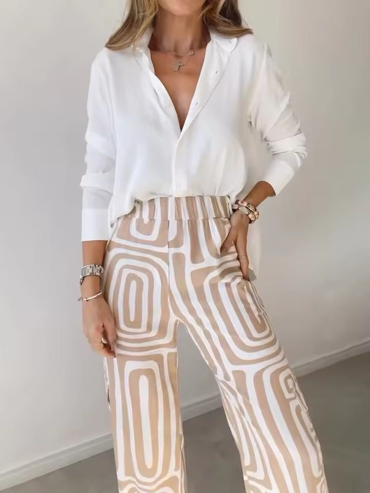 Casual Loose Turn-down Collar Shirt And Trousers Two-piece Set Mssza