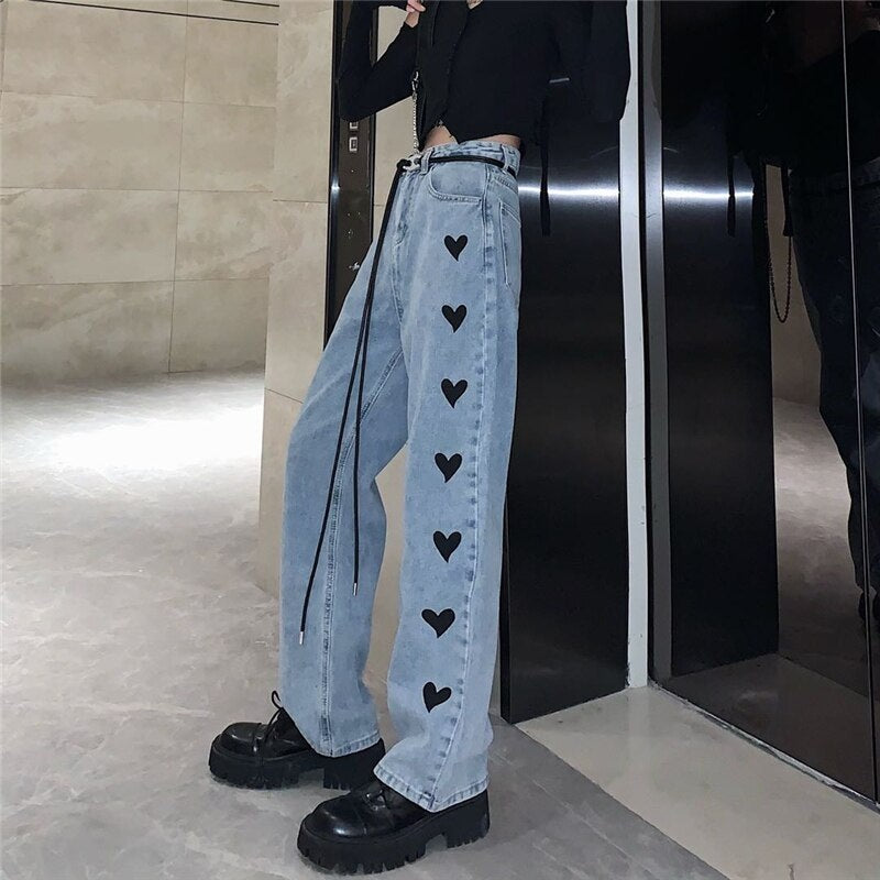 Casual Love Heart Straight Leg Loose High Waist Jeans Mssza