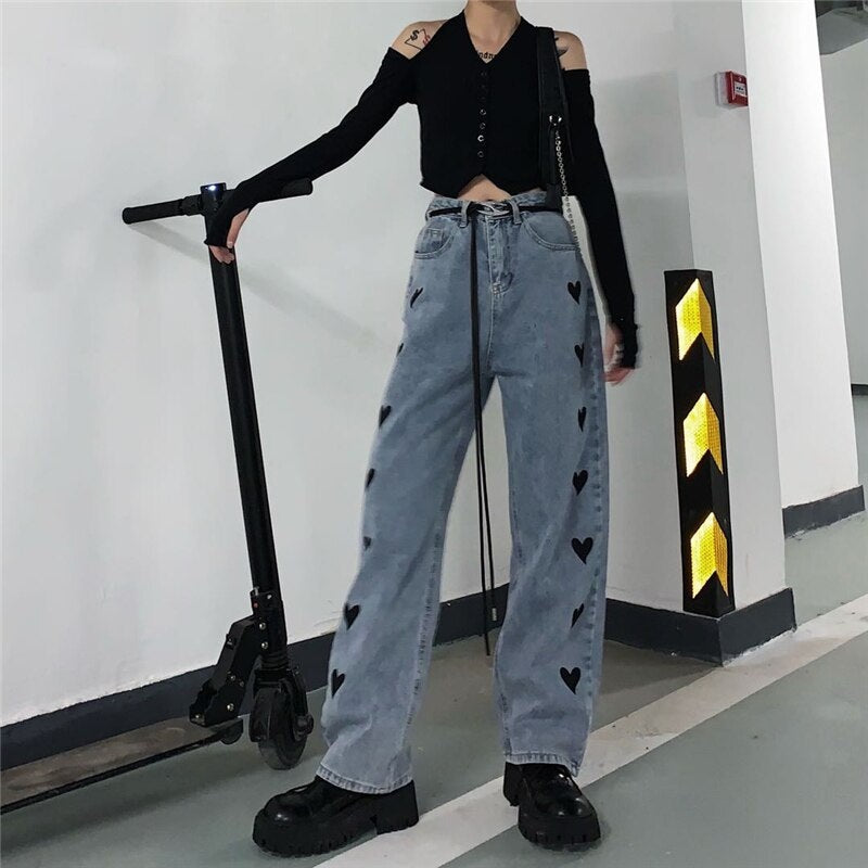 Casual Love Heart Straight Leg Loose High Waist Jeans Mssza