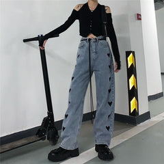 Casual Love Heart Straight Leg Loose High Waist Jeans Mssza