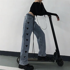 Casual Love Heart Straight Leg Loose High Waist Jeans Mssza