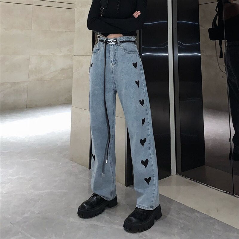Casual Love Heart Straight Leg Loose High Waist Jeans Mssza