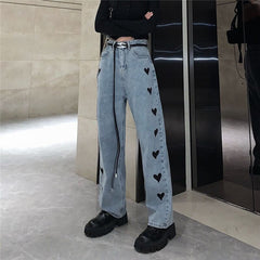 Casual Love Heart Straight Leg Loose High Waist Jeans Mssza