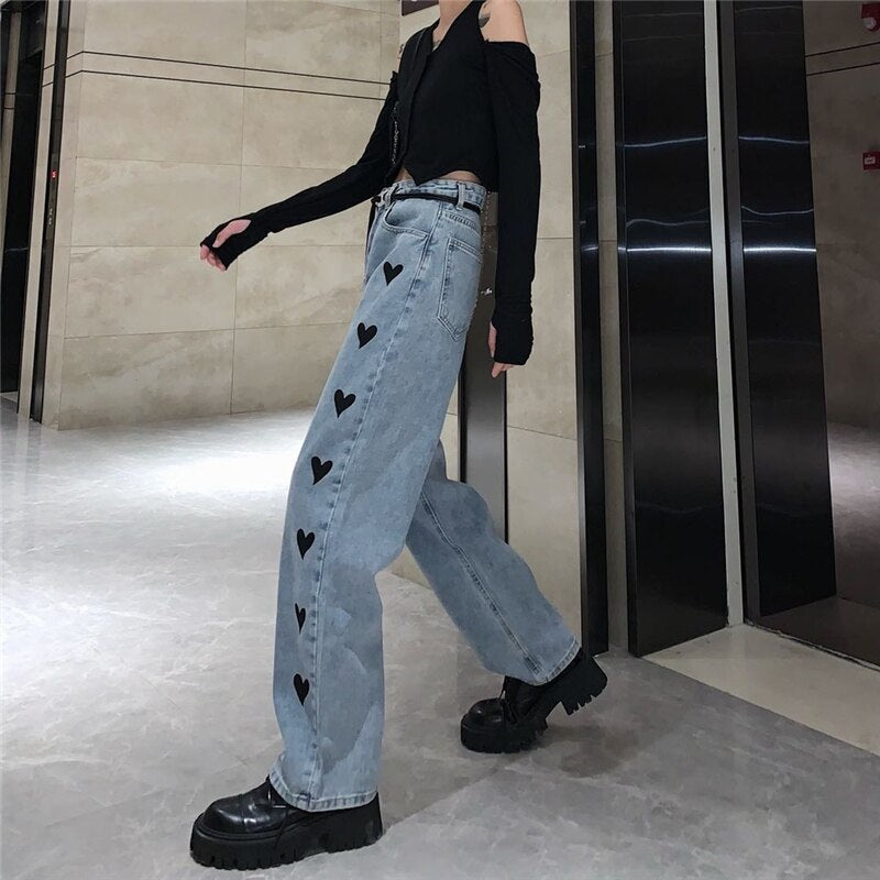 Casual Love Heart Straight Leg Loose High Waist Jeans Mssza