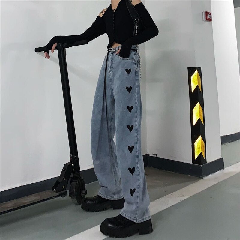 Casual Love Heart Straight Leg Loose High Waist Jeans Mssza