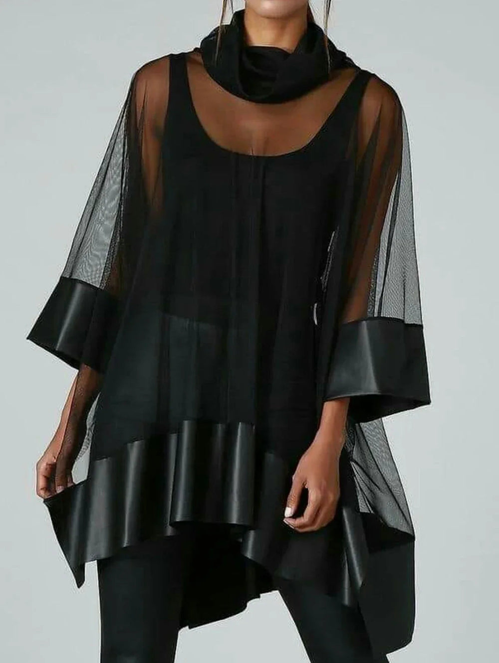 Casual Mesh Three Quarter Turtleneck Streetwear Vintage Tee Tops Mssza