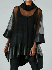 Casual Mesh Three Quarter Turtleneck Streetwear Vintage Tee Tops Mssza