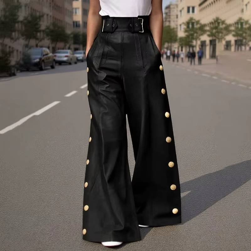 Casual Metal Buckle High Waist Wide Leg Loose Pant Streetwear Mssza