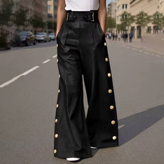 Casual Metal Buckle High Waist Wide Leg Loose Pant Streetwear Mssza