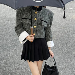 Casual Metal Button Plaid Design Sense Stand-Up Collar Crop Top Mssza