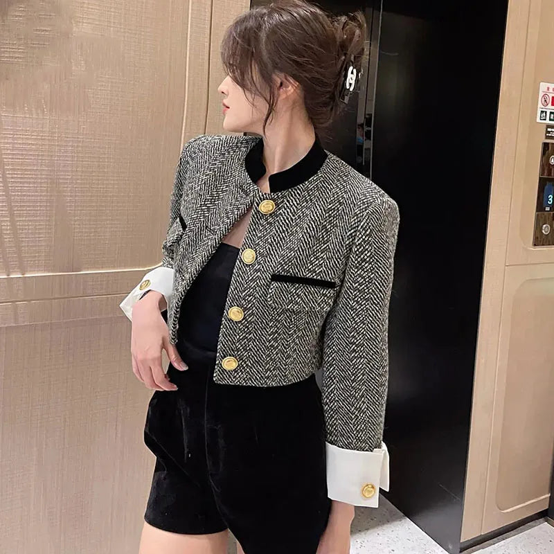 Casual Metal Button Plaid Design Sense Stand-Up Collar Crop Top Mssza