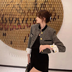 Casual Metal Button Plaid Design Sense Stand-Up Collar Crop Top Mssza