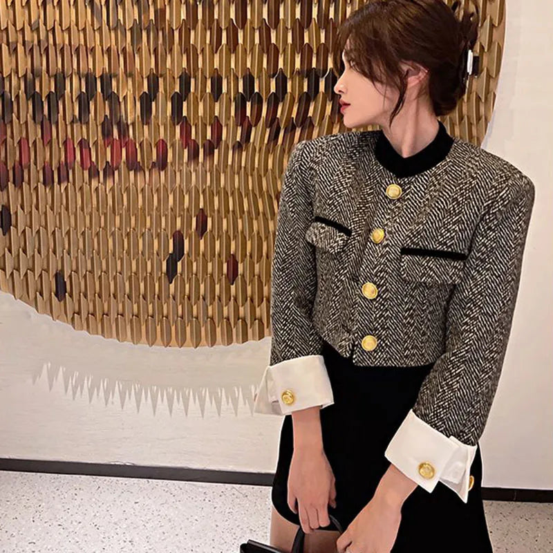 Casual Metal Button Plaid Design Sense Stand-Up Collar Crop Top Mssza
