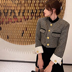 Casual Metal Button Plaid Design Sense Stand-Up Collar Crop Top Mssza