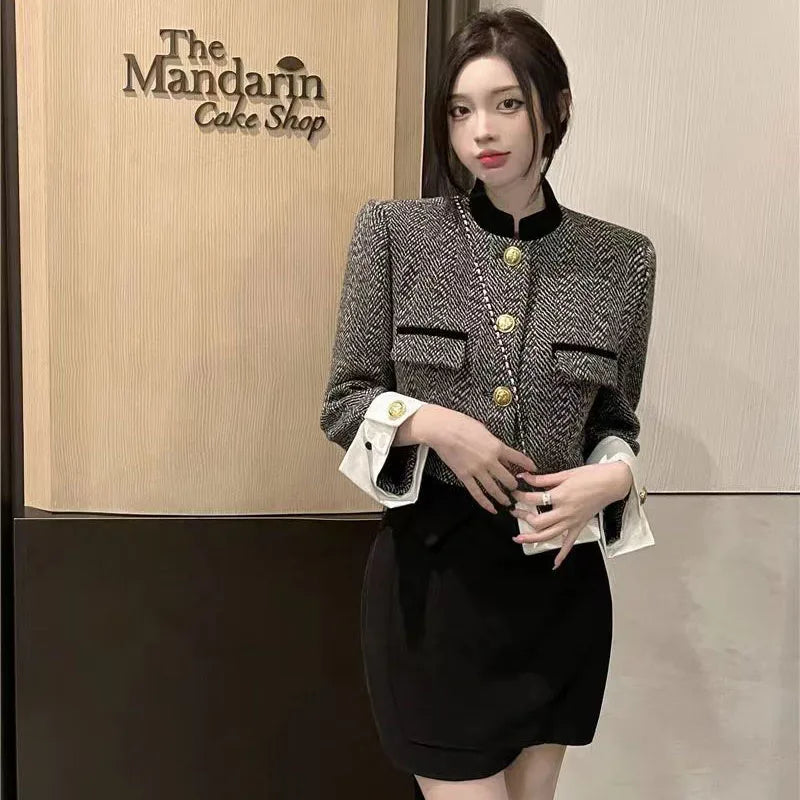 Casual Metal Button Plaid Design Sense Stand-Up Collar Crop Top Mssza