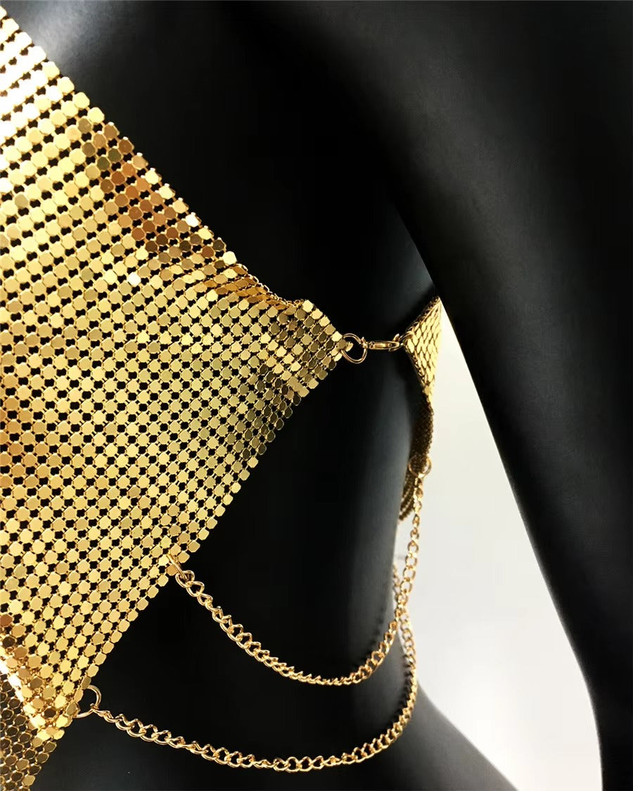 Casual Metallic Sequins Backless Diagonal Collar Tank Top Mssza