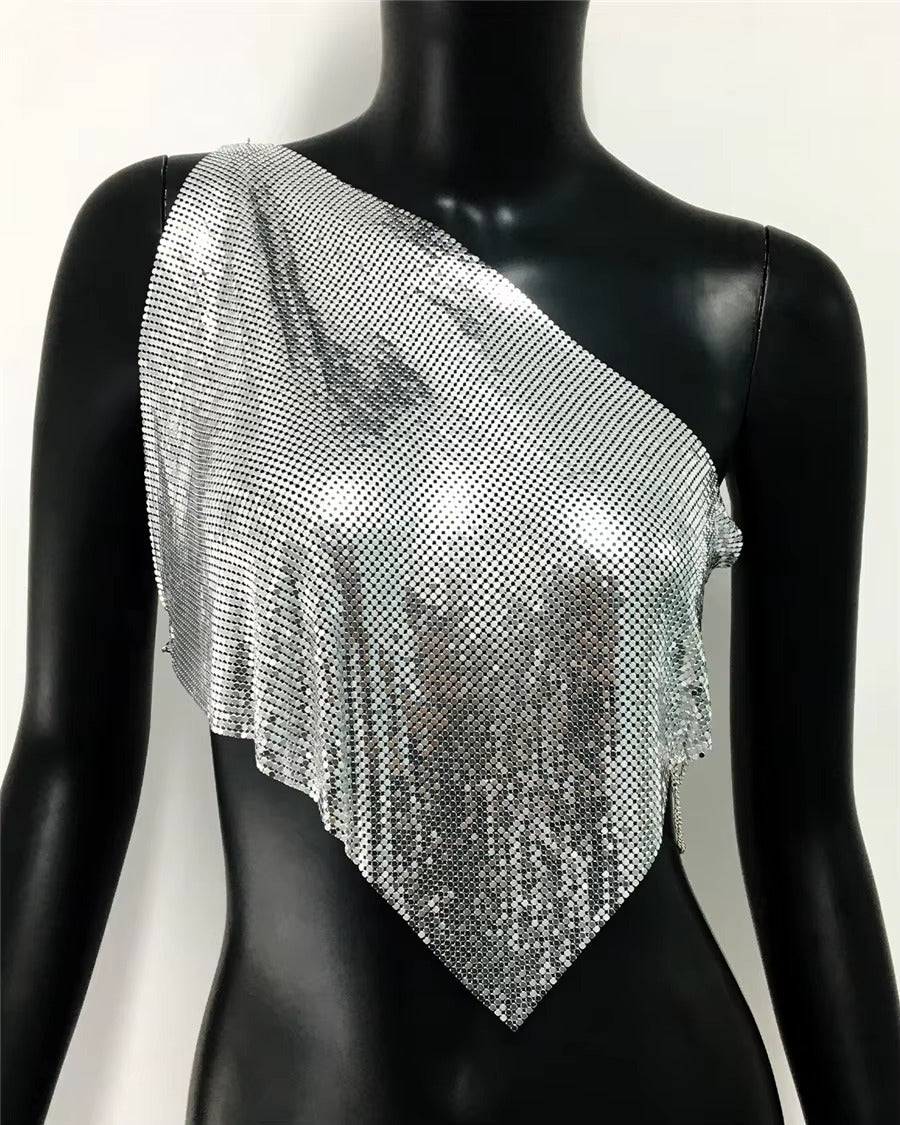 Casual Metallic Sequins Backless Diagonal Collar Tank Top Mssza