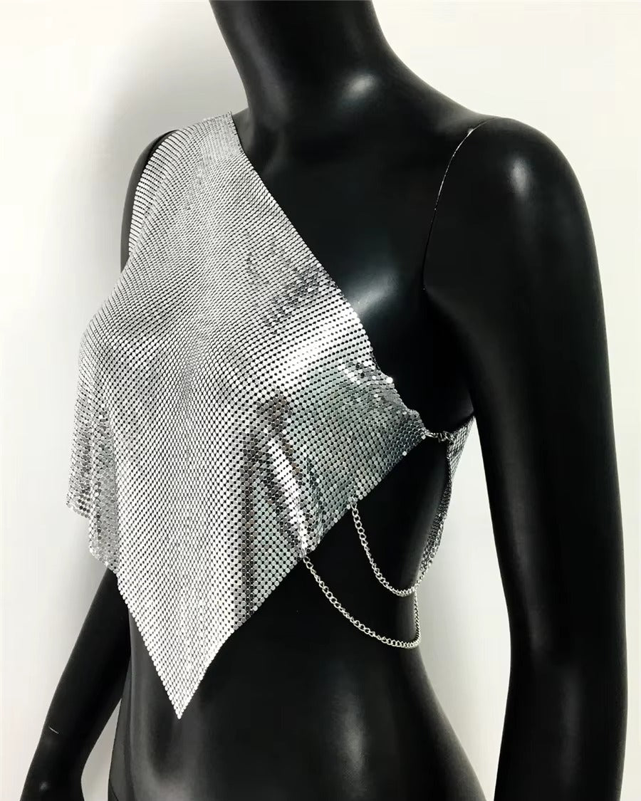 Casual Metallic Sequins Backless Diagonal Collar Tank Top Mssza