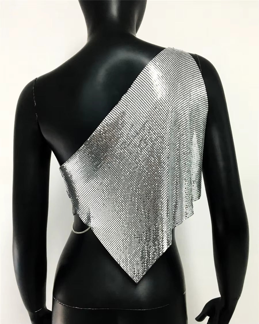 Casual Metallic Sequins Backless Diagonal Collar Tank Top Mssza