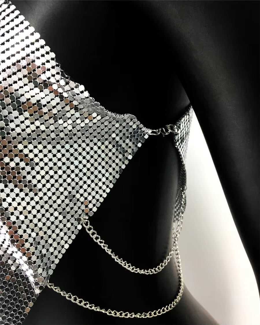 Casual Metallic Sequins Backless Diagonal Collar Tank Top Mssza