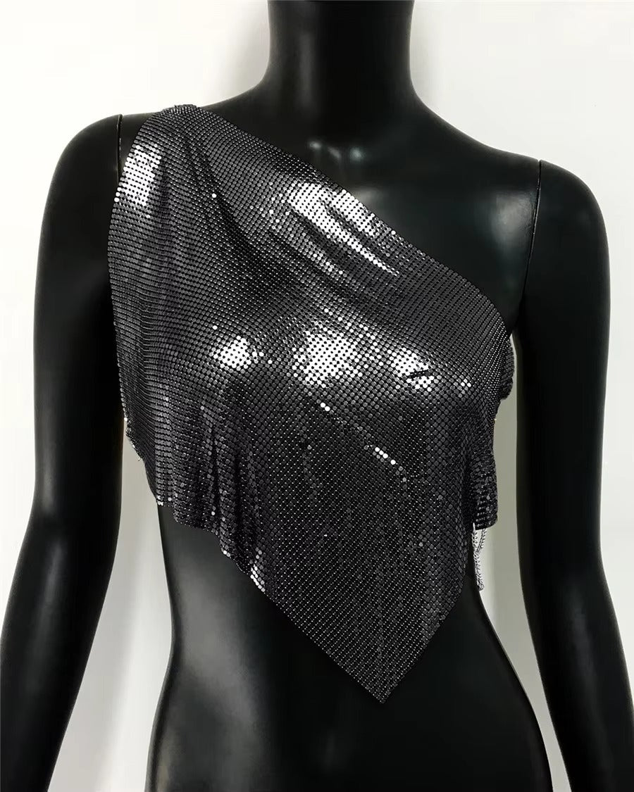 Casual Metallic Sequins Backless Diagonal Collar Tank Top Mssza