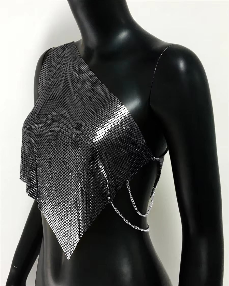 Casual Metallic Sequins Backless Diagonal Collar Tank Top Mssza