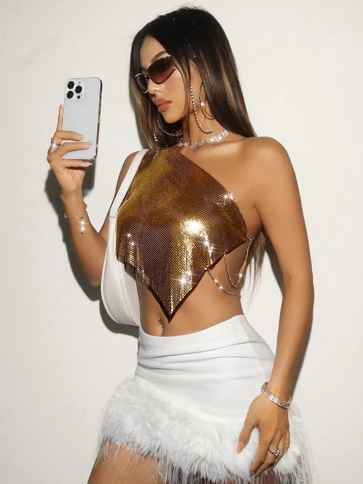Casual Metallic Sequins Backless Diagonal Collar Tank Top Mssza
