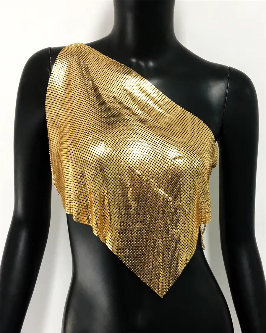 Casual Metallic Sequins Backless Diagonal Collar Tank Top Mssza