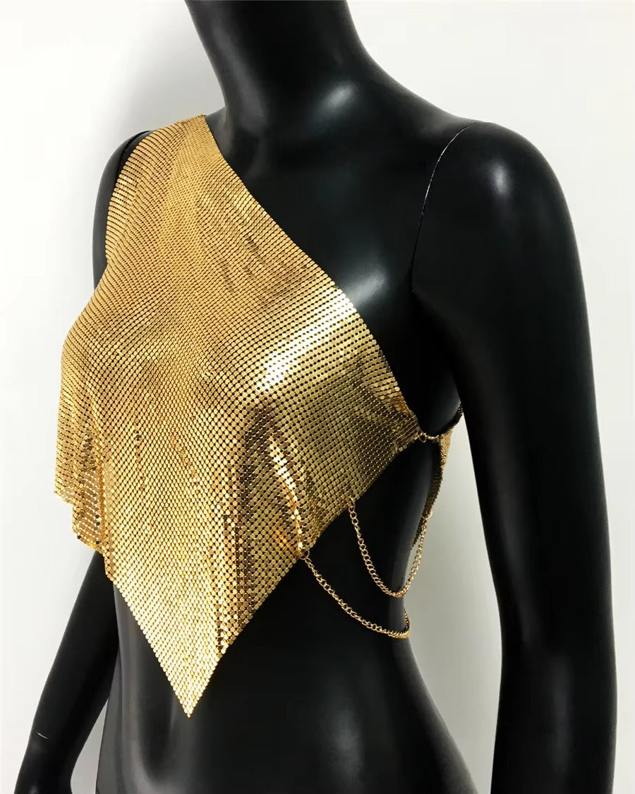 Casual Metallic Sequins Backless Diagonal Collar Tank Top Mssza