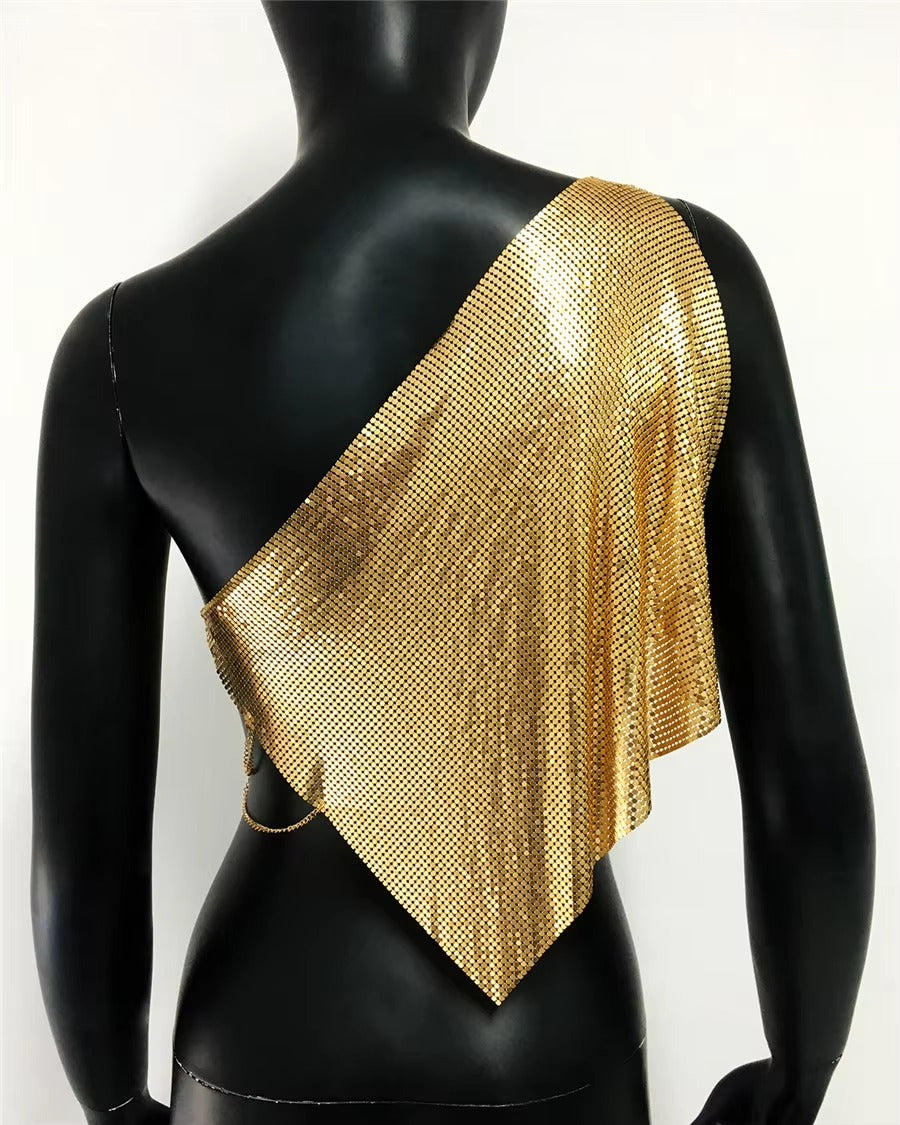 Casual Metallic Sequins Backless Diagonal Collar Tank Top Mssza