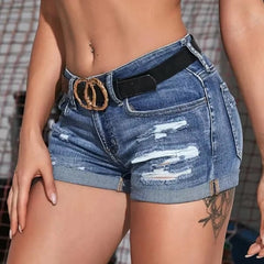 Casual Mid Waist Curled Cuff Perforated Elastic Slim Fit Shorts Mssza
