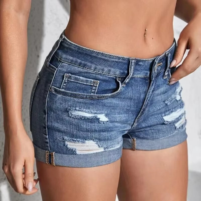 Casual Mid Waist Curled Cuff Perforated Elastic Slim Fit Shorts Mssza