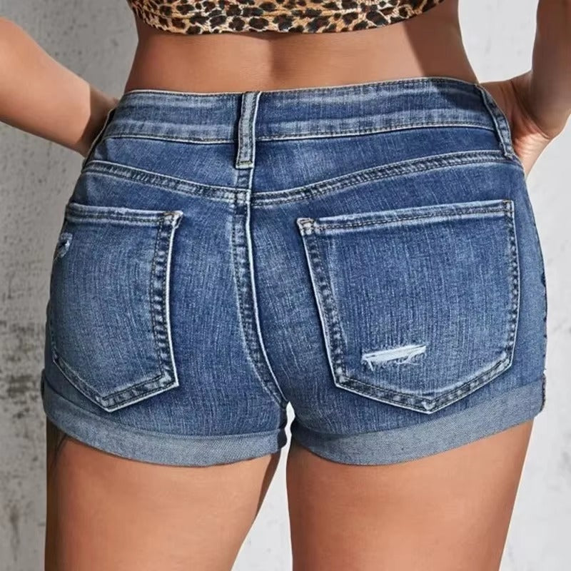 Casual Mid Waist Curled Cuff Perforated Elastic Slim Fit Shorts Mssza