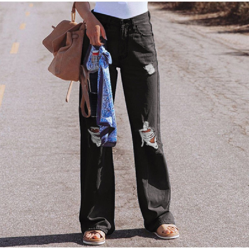 Casual Mid Waist Full length Wide leg Loose Denim Jeans Mssza
