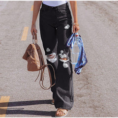 Casual Mid Waist Full length Wide leg Loose Denim Jeans Mssza