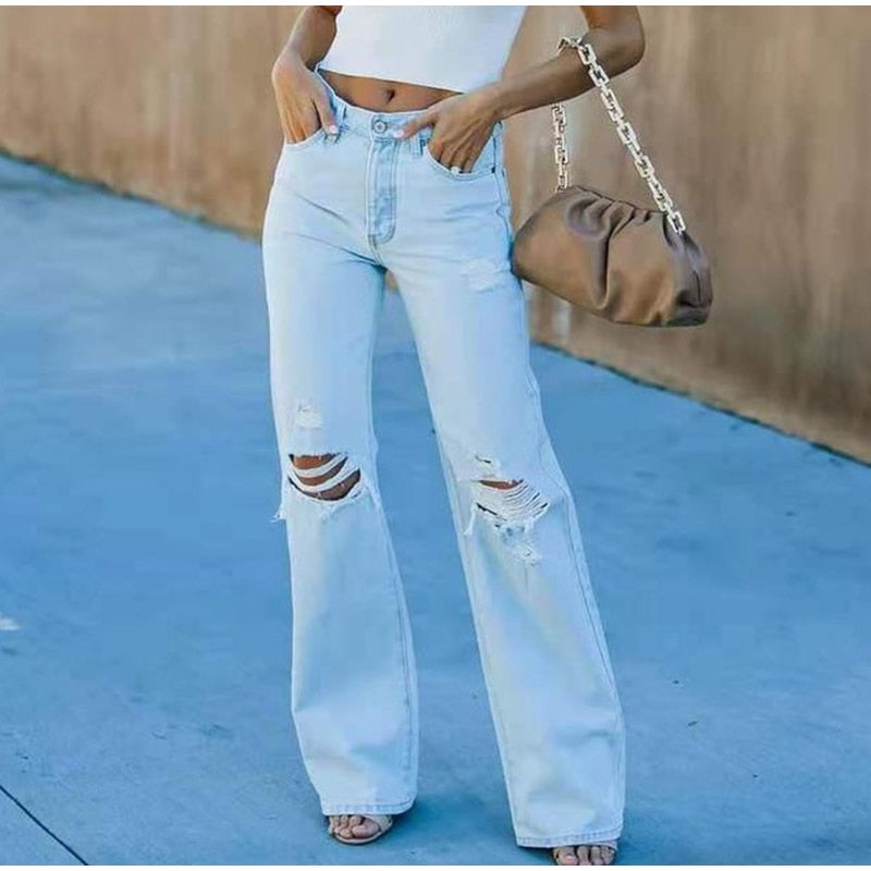 Casual Mid Waist Full length Wide leg Loose Denim Jeans Mssza