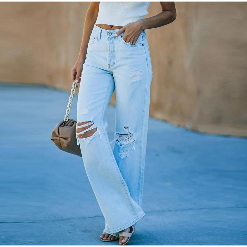 Casual Mid Waist Full length Wide leg Loose Denim Jeans Mssza