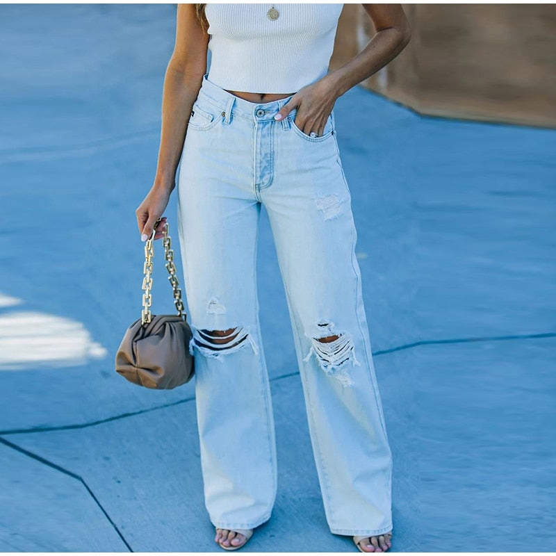 Casual Mid Waist Full length Wide leg Loose Denim Jeans Mssza