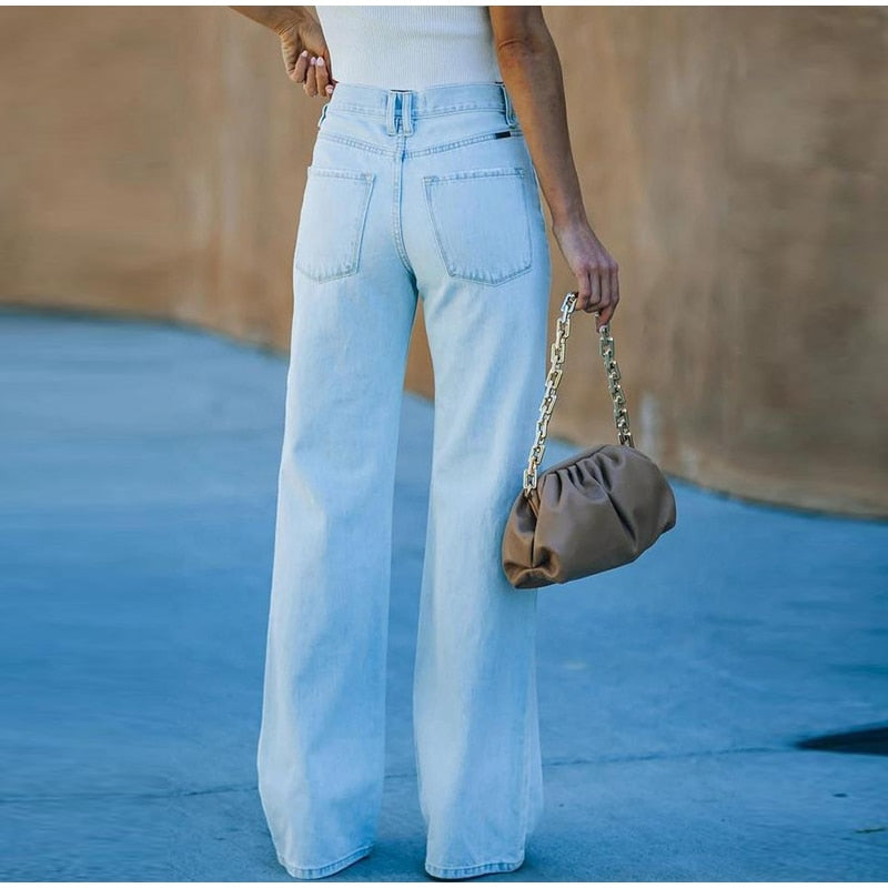 Casual Mid Waist Full length Wide leg Loose Denim Jeans Mssza