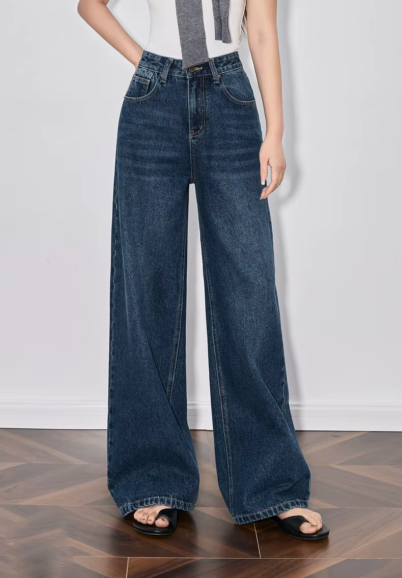 Casual Mid Waist High Street Wide Leg Full Length Straight Pants Mssza