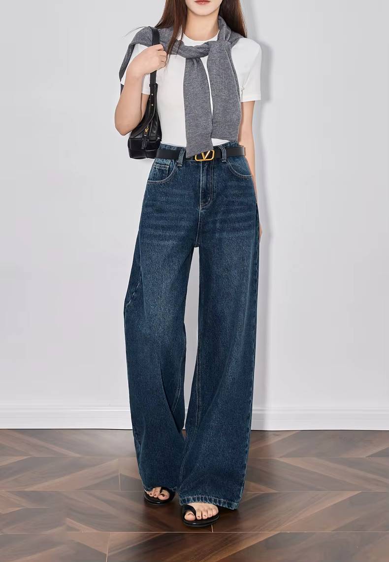 Casual Mid Waist High Street Wide Leg Full Length Straight Pants Mssza