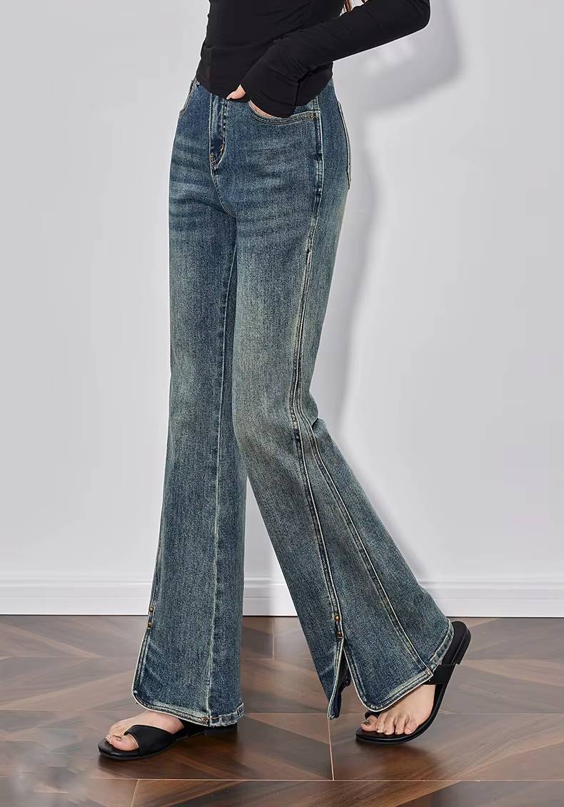 Casual Mid Waist Open Split Flare Leg Long Non Stretch Pants Mssza