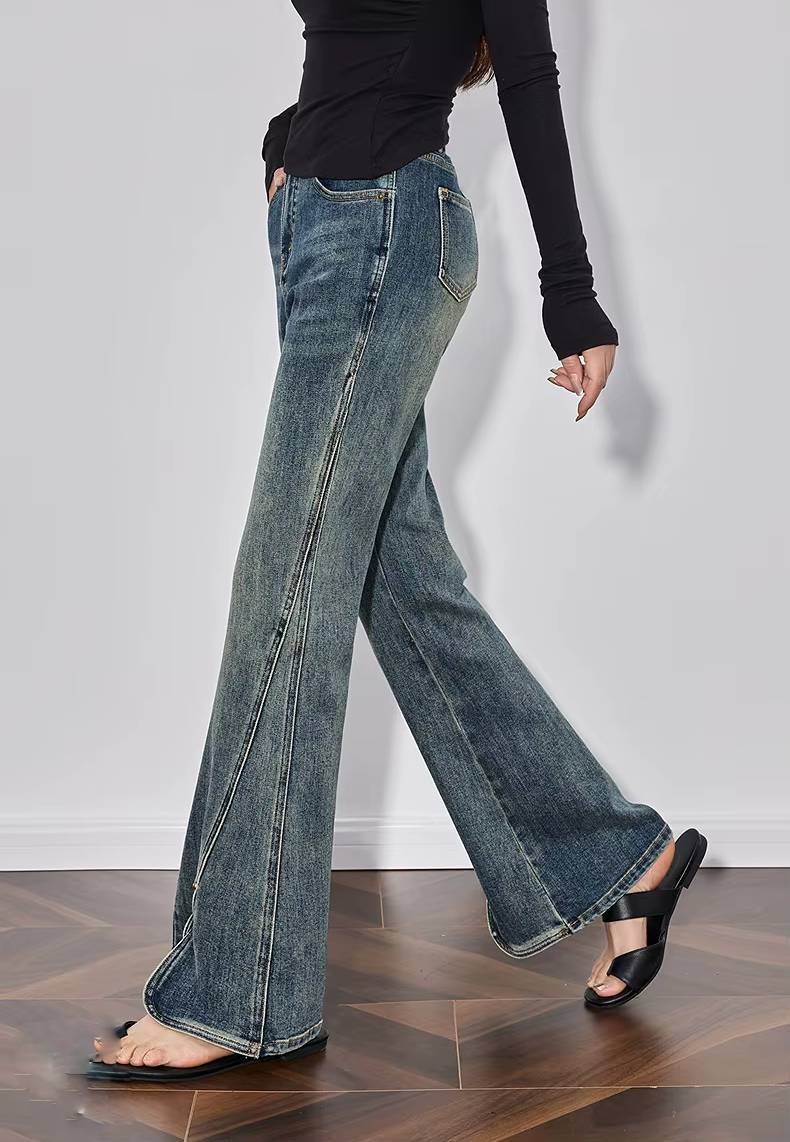 Casual Mid Waist Open Split Flare Leg Long Non Stretch Pants Mssza