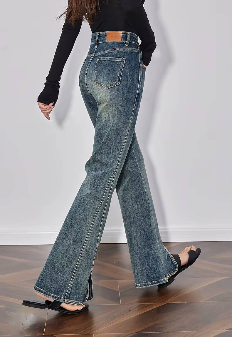 Casual Mid Waist Open Split Flare Leg Long Non Stretch Pants Mssza