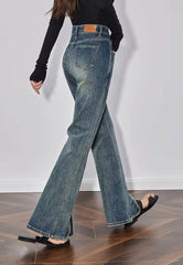 Casual Mid Waist Open Split Flare Leg Long Non Stretch Pants Mssza