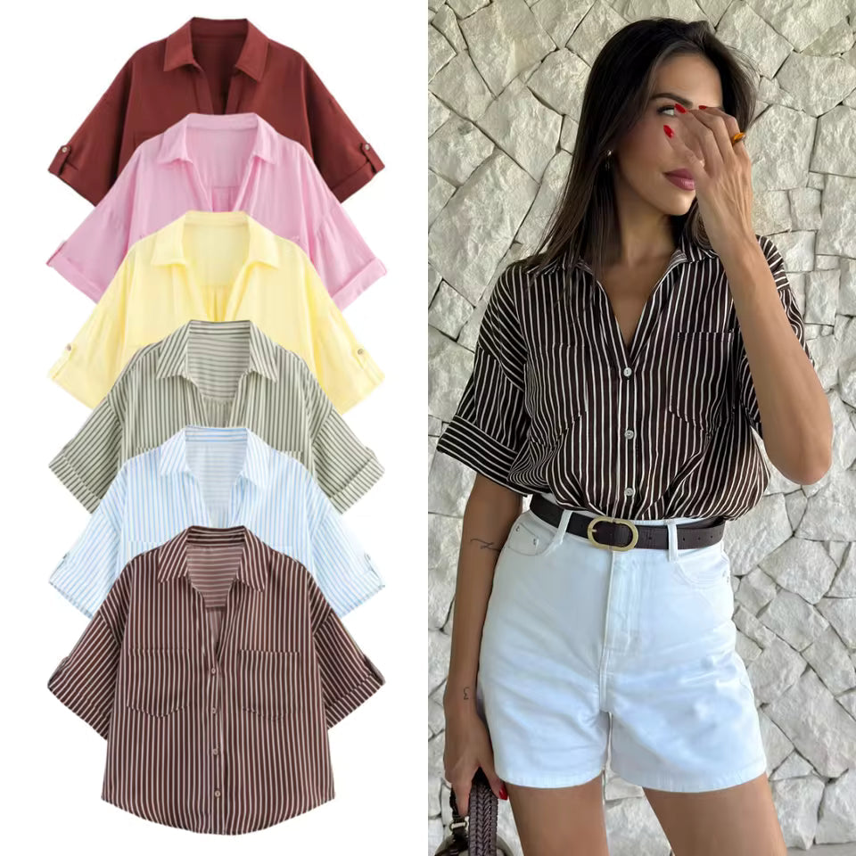 Casual Minimalist Design Linen Blended Wide Sleeve Collar Shirt Mssza