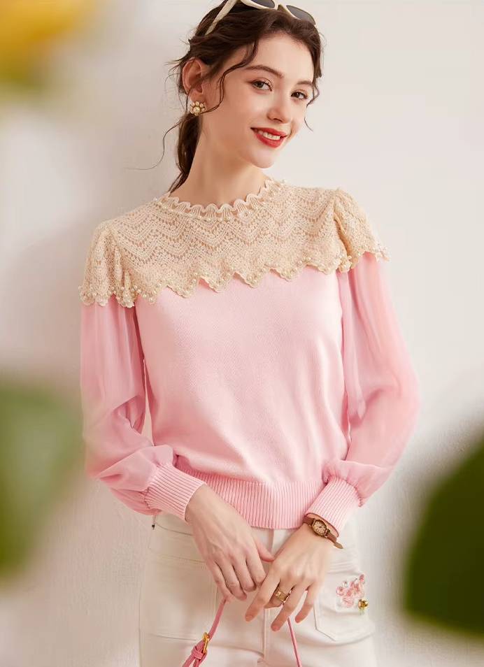 Casual Nail Bead Small High Collar Splicing Contrasting Flower Knitted Sweater Mssza