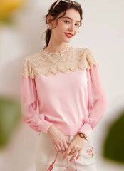 Casual Nail Bead Small High Collar Splicing Contrasting Flower Knitted Sweater Mssza