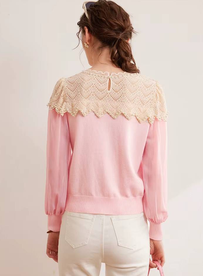Casual Nail Bead Small High Collar Splicing Contrasting Flower Knitted Sweater Mssza