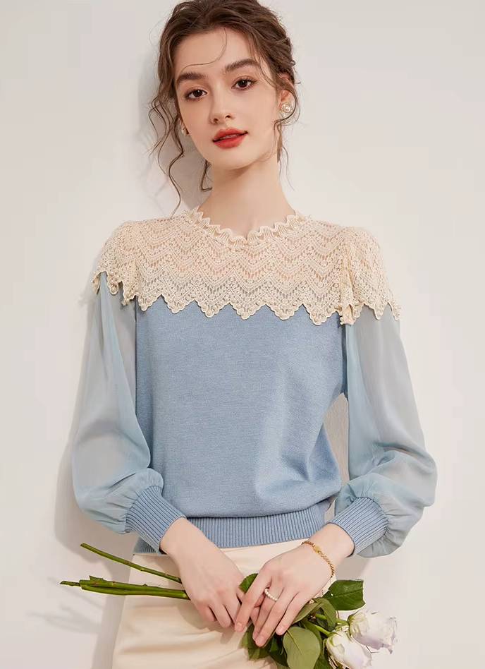 Casual Nail Bead Small High Collar Splicing Contrasting Flower Knitted Sweater Mssza